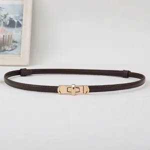 Women brown thin leather belt with gold metal lock buckle adjustable dress waist belt