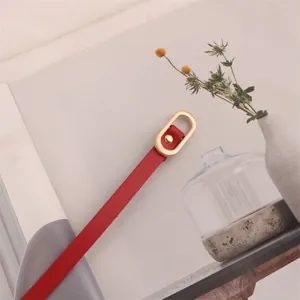 Women thin red belt minimalist oval metal buckle dress suit waist cincher decorative strap