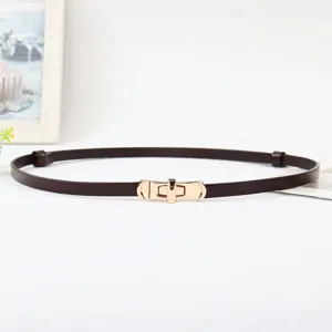 Detailopname van een dunne donkerbruine lederen riem voor dames met een gouden metalen gesp.