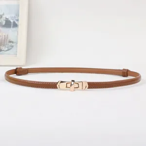 Women thin leather belt with gold metal lock buckle, stylish dress accessory for daily wear.