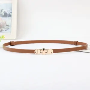 Gedetailleerd overzicht van smalle bruine lederen damesriem met elegante gouden draaires.