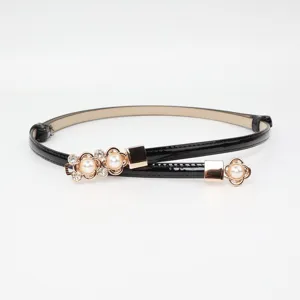 Women Thin PU Leather Belt Fashion Dress Coat Waistband Metal Pearl Rhinestone Buckle Versatile Minimalist Accessory