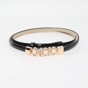 Slim black patent leather belt for women with elegant pearl rhinestone gold buckle accessory