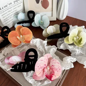 Grande Pince à Cheveux Orchidée Phalaenopsis 3D Florale Clip Requin pour Femmes Style Forêt Doux avec Perle Artificielle