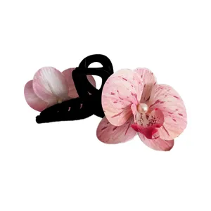 Pince à cheveux orchidée rose 3D avec perle pour cheveux épais, accessoire de mode