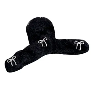 Elegant large balletcore black plush hair claw clip decorated with silver metal bows