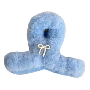 Pince à cheveux en peluche bleue avec nœud blanc mignon, style balletcore doux