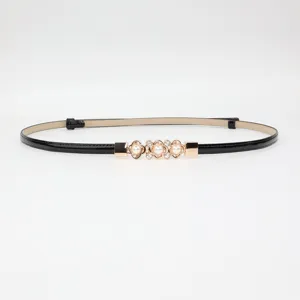 Women thin adjustable patent leather belt with pearl rhinestone metal buckle for dress coat