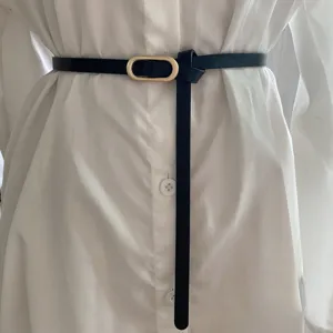 Minimalist PU Leather Belt For Women Slim Dress Suit Waist Band Gold Oval Metal Buckle Casual Everyday Fashion Accessory