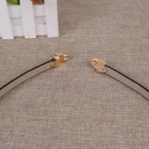 Gedetailleerd uitzicht van de slanke dames tailleceintuur met elegante gouden metalen sluiting.