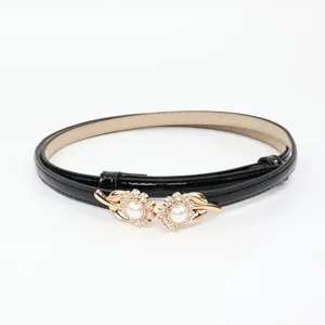 Women's Slim PU Leather Dress Belt Fashion Pearl Rhinestone Flower Metal Buckle Adjustable Waist Strap Accessories