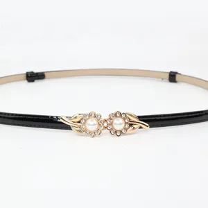 Elegant thin black patent leather belt with sparkling pearl and rhinestone flower buckle for dresses