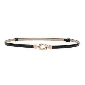 Women black thin dress belt with gold knot buckle versatile waist accessory for skirts suits