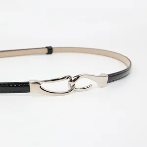 Women skinny black patent leather belt with silver interlocking hook buckle for dresses coats