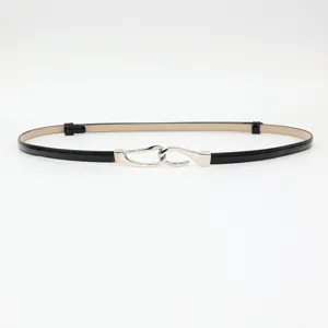 Women's slim genuine leather dress belt with elegant silver metal hook buckle for stylish outfits.