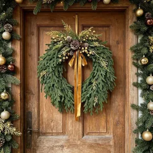 Christmas Norfolk Pine Wreath With Velvet Bow Pine Cones Golden Berries For Front Door Wall Hanging Decor Festive Garland