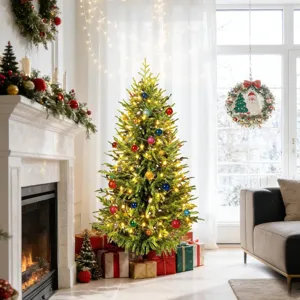 Artificial Norfolk pine Christmas tree with warm lights in a cozy living room setting.