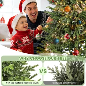 Detail of soft TPE Norfolk pine branches compared to harsh textures for Christmas decor.