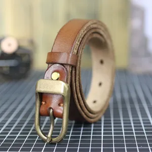 Genuine leather narrow belt for women, soft brown dress jeans belt with vintage metal buckle.