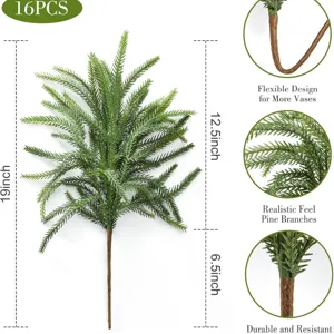 Detailed view of 19-inch artificial Norfolk Pine branches with specific dimension markings