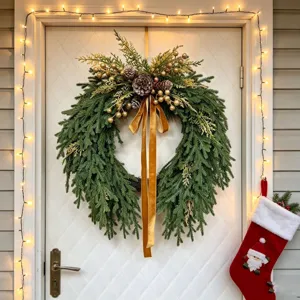 Detail of a Christmas Norfolk pine wreath with pine cones and golden velvet bow on a door