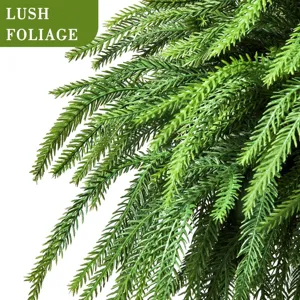 Detailed macro view of lush artificial Norfolk Pine foliage with realistic texture