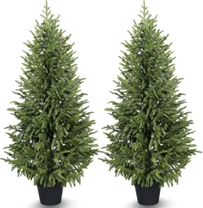 Two lifelike PE artificial Norfolk pine trees in minimalist black pots for home decor.