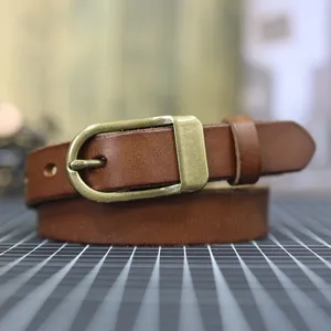 Brown leather belt women narrow waist strap vintage metal buckle for dress and jeans.