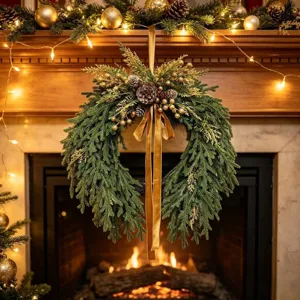 Detailed close-up of a Norfolk pine Christmas wreath with gold bow hanging on a mantle.