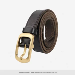 Detail shot of the women retro black leather belt with fine stitching and golden metal pin buckle.