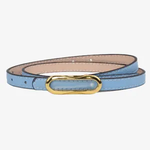 Cinturon de cuero fino para mujer elegante hebilla dorada accesorio de cintura azul claro