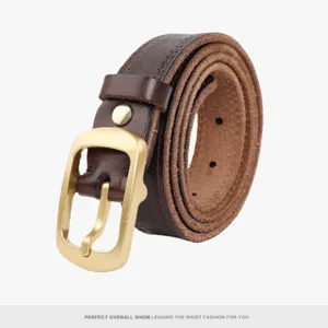 Handmade vintage genuine leather belt for women, retro brown jeans belt with brass buckle.