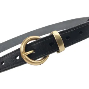 Classic black leather belt with retro gold round pin buckle for women casual daily wear main