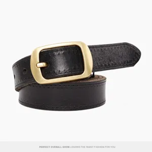 Womens vintage genuine leather belt with metallic buckle, versatile trouser belt details.