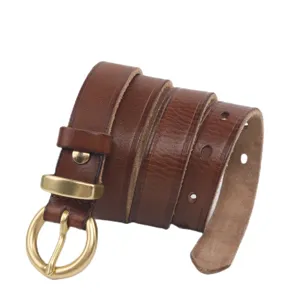 Womens genuine brown leather belt with retro round metal buckle minimalist casual waist strap