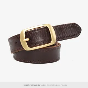 Vintage genuine leather women belt with golden square buckle, elegant design for jeans and trousers.