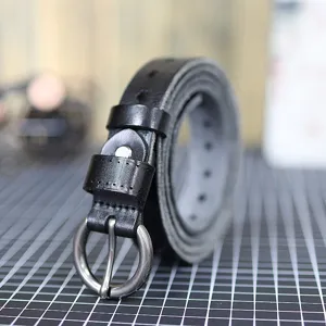 Women genuine leather belt black soft cowhide metal round buckle detail shot casual style