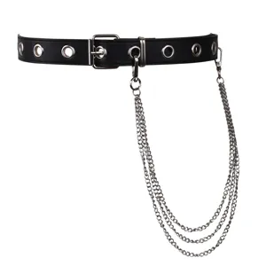 Γυναικεία Δερμάτινη Ζώνη Punk Style Μαύρη Ζώνη Μέσης με Μεταλλικές Αλυσίδες Κρόκες Μόδας Ζώνη για Κορίτσια Καθημερινά