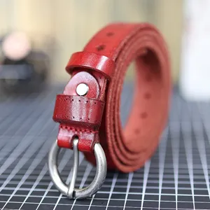 Red leather women belt genuine cowhide soft minimalist casual jeans belt multi-hole design