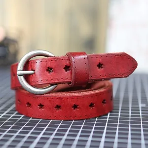 Women genuine leather belt with star cutout design, vintage round metal buckle, wine red.