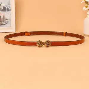 Detail shot of a brown slim leather belt with retro metal buckle for women's dress.
