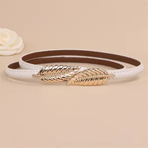 Women white thin leather belt with gold leaf metal buckle elegant dress waist accessory