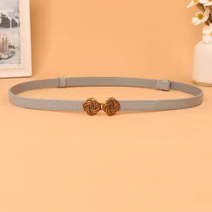 Grey thin leather belt for women with elegant retro gold buckle stylish dress waist accessory