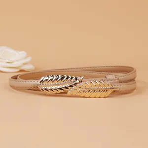 Exquisite women's thin leather waist belt featuring a luxurious gold leaf metal buckle detail.