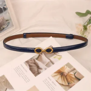 Women thin patent leather belt navy blue minimalist waist strap with gold buckle dress jeans
