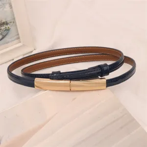 Gros plan d'une fine ceinture en cuir bleu marine brillant avec boucle dorée élégante