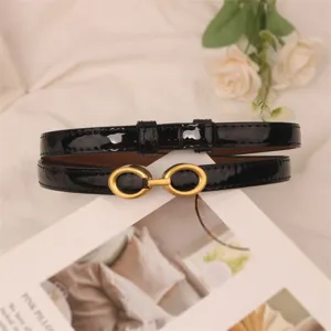 Women's slim black patent leather belt with stylish gold double oval buckle for dresses jeans