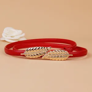Women leather thin belt with gold leaf buckle decorative waist accessory for dresses and coats