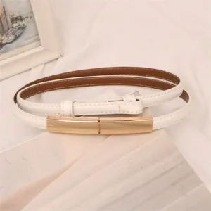 Vue détaillée d'une élégante ceinture fine en cuir blanc avec une boucle en métal doré.