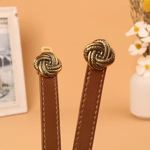 Women vintage brown leather belt with exquisite antique brass metal buckle detail for dress.